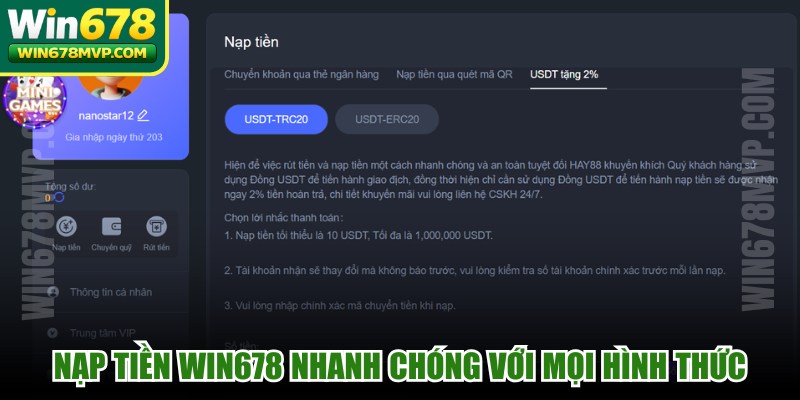 Nạp tiền WIN678 nhanh chóng, linh hoạt với mọi hình thức